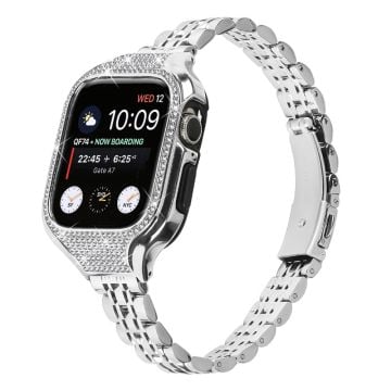 Apple Watch Series 7 / 8 / 9 41mm 7 pärlor klockarmband i rostfritt stål med strassfodral - Silver