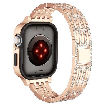 Apple Watch Series 7 / 8 / 9 41mm Metal Watch bandstrap with Rhinestone Decor Frame Case - Rose Gold