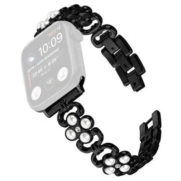 Apple Watch Series 9 8 7 41mm / 6 5 4 SE (2022) SE (2023) SE 40mm / 3 2 1 38mm Stainless Steel band Pearl Four Leaf Clover Watch Strap - Black