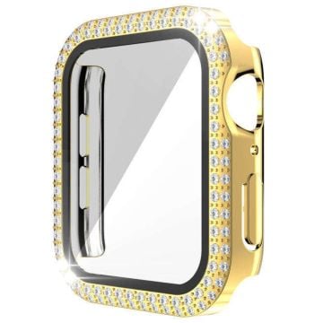 Apple Watch Series 9 8 7 41mm Watch Case Rhinestone Electroplating Frame with Tempered Glass Film - Gold