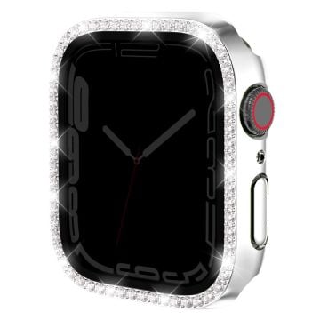 Watch Case Apple Watch Series 9 / 8 / 7 41mm Rhinestone Bump resistant Frame with Anti-spy Tempered Glass Film - Silver