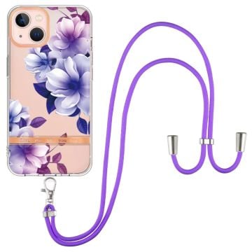 Slim och Hållbar Mjukskal med Handledsband till iPhone 15 Plus - Hc004 Purple Begonia