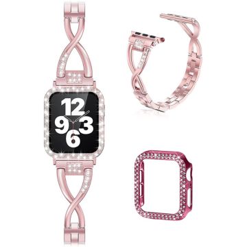 Apple Watch (41mm) X-formad klockrem med strassdekor + fodral - Rosa Ros