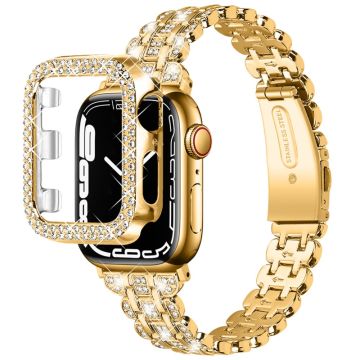 Apple Watch (41mm) klockarmband i rostfritt stål med strassdekor och fodral - Guld