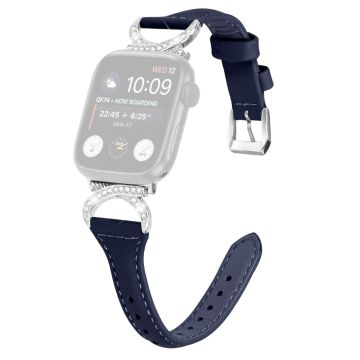 Apple Watch Series 8 (41mm) Armband i äkta läder med strassspänne i silver - Bläckblått