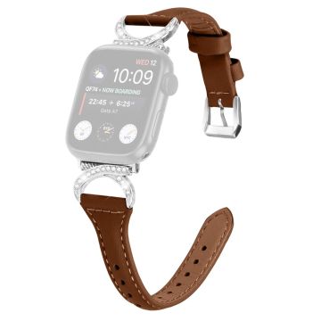 Apple Watch Series 8 (41mm) Armband i äkta läder med strassspänne i silver - Brun