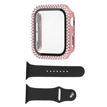 Apple Watch SE 2022 (44mm) strassdekorerat fodral med härdat glas och klockarmband - Rosa Ros