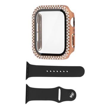 Apple Watch SE 2022 (44mm) strassdekorerat fodral med härdat glas och klockarmband - Roséguld