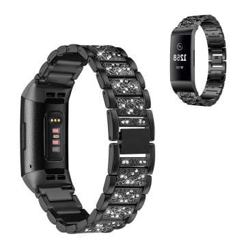 Fitbit Charge 4 / 3 klockarmband i rostfritt stål med strass - Svart