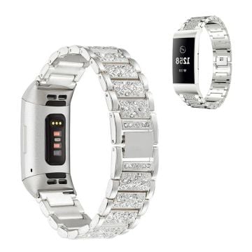 Fitbit Charge 4 / 3 klockarmband i rostfritt stål med strass - Silver