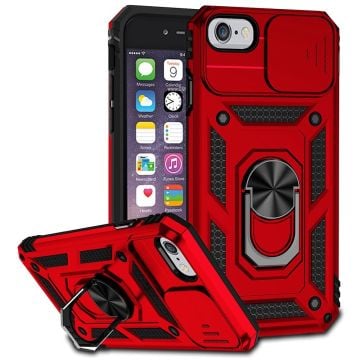 For iPhone SE (2022)/SE (2020)/8/7 4.7 inch Dustproof Phone Case Ring Kickstand Hybrid PC TPU Phone Shell with Slide Camera Protection Cover - Red