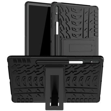 Black tire pattern kickstand case for Samsung Galaxy Tab S9 Plus, Tab S7 Plus, Tab S7 FE, and S8 Plus