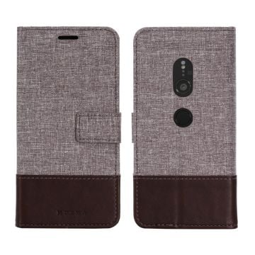 MUXMA PU Leather Canvas Splicing Wallet Stand Shell Case for Sony Xperia XZ2 - Brown