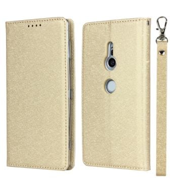 Silk Texture Leather Wallet Stand Phone Case Cover for Sony Xperia XZ2 - Gold