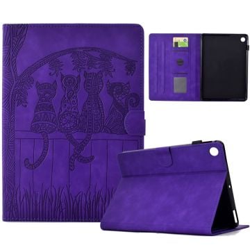 Samsung Galaxy Tab A9+ Fodral Kattar Veganläder Kortplatser Tablet Cover - Lila