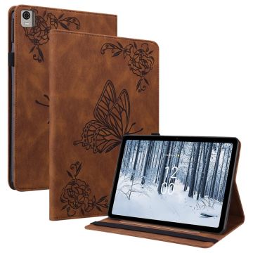 Nokia T21 Butterfly Flower Imprinted Flip Cover Scratch Proof Vegan Leather Card Holder Stand Tablet Case med pennhållare - Brun