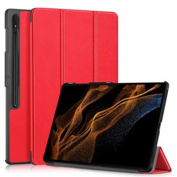 Red leather case for Samsung Galaxy Tab S9 Ultra SM-X910 M-X916B SM-X918U with tri-fold stand