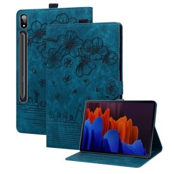 Sapphire leather card holder cover with flower cat imprint for Samsung Galaxy Tab S9 Plus tablet