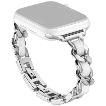 Apple Watch Series 41mm - 40mm - 38mm Klockarmband Zinklegering+Läderarmband - Silver + Vit