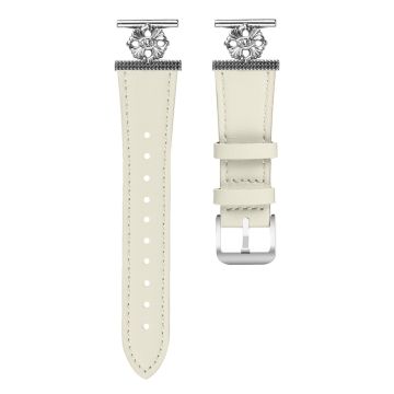 Garmin Approach S40 / Forerunner 158 Watch Band Genuine Cow Leather Flower Decor Adjustable Strap - White