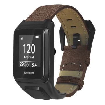 TomTom Runner 3 / Adventurer Äkta ko-läderband Galvaniserat spänne Klockarmband med fodral - Kaffe