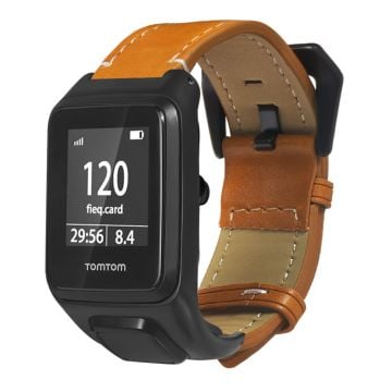 TomTom Runner 3 / Adventurer Äkta ko-läderband Galvaniserat spänne Klockarmband med fodral - Brun