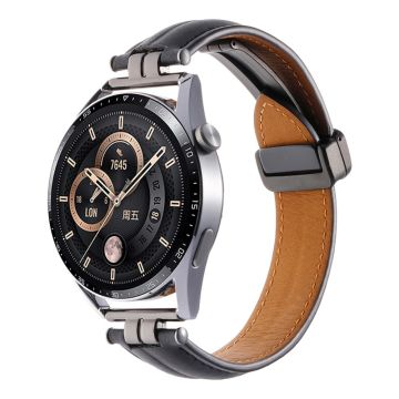 22mm Watch Strap for Samsung Galaxy Watch3 45mm / Garmin Venu 3 Stainless Steel Folding Buckle Leather Band - Black / Black Buckle Buckle