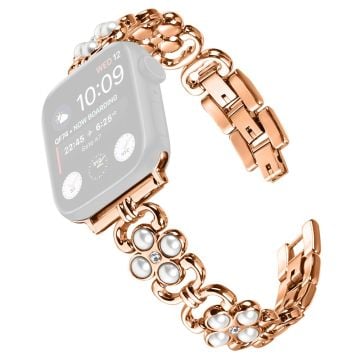 Apple Watch Series 9 8 7 41mm / 6 5 4 SE (2022) SE (2023) SE 40mm / 3 2 1 38mm Stainless Steel band Pearl Four Leaf Clover Watch Strap - Rose Gold