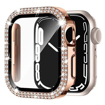 Apple Watch Series 9 8 7 41mm Watch Case Rhinestone Electroplating Frame with Tempered Glass Film - Rose Gold