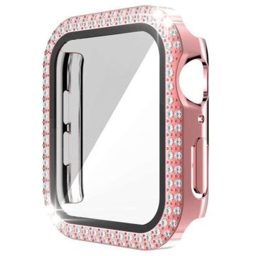 Apple Watch Series 9 8 7 41mm Watch Case Rhinestone Electroplating Frame with Tempered Glass Film - Pink