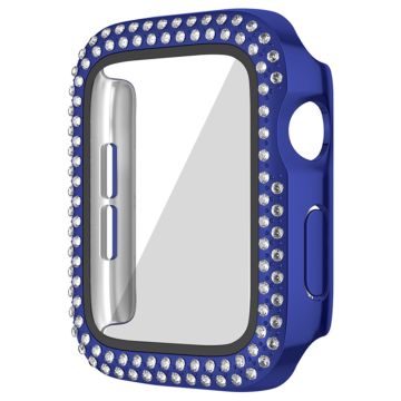 Apple Watch Series 9 8 7 41mm Watch Case Rhinestone Electroplating Frame with Tempered Glass Film - Blue