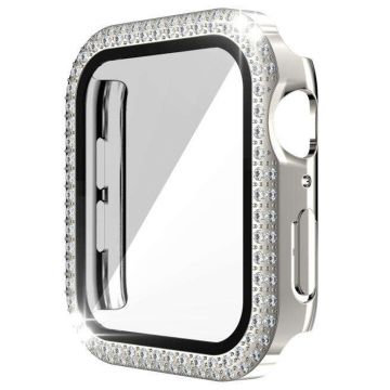 Apple Watch Series 9 8 7 41mm Watch Case Rhinestone Electroplating Frame with Tempered Glass Film - Silver