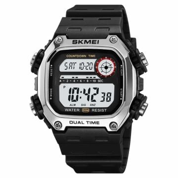 SKMEI 2126 Waterproof Square Digital Watch - Black Strap / Silver Case / White Dial