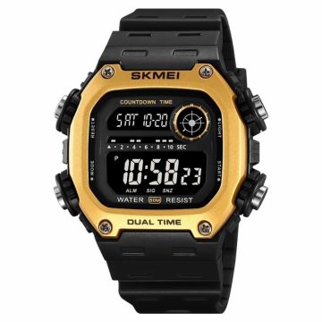 SKMEI 2126 Waterproof Square Digital Watch - Black Strap / Gold Case / Black Dial