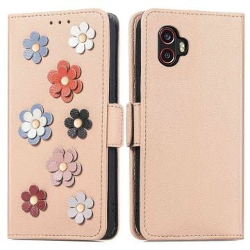 Mjukt läder Samsung Galaxy Xcover 6 Pro fodral med blomdekor - Brun