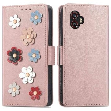 Mjukt läder Samsung Galaxy Xcover 6 Pro fodral med blomdekor - Rosa