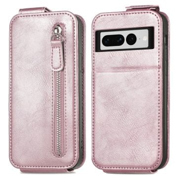 Vertical Flip Phone Fodral med Zipper till Google Pixel 7 Pro - Roséguld