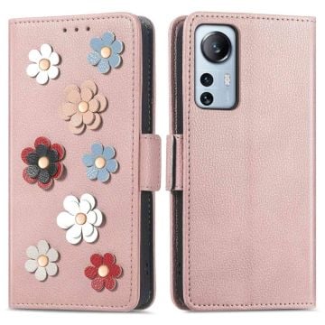 Mjukt läder Xiaomi 12 Lite fodral med blomdekor - Rosa