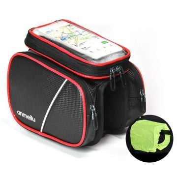 ANMEILU waterproof bike bag mount with rainproof cover - Black / Red