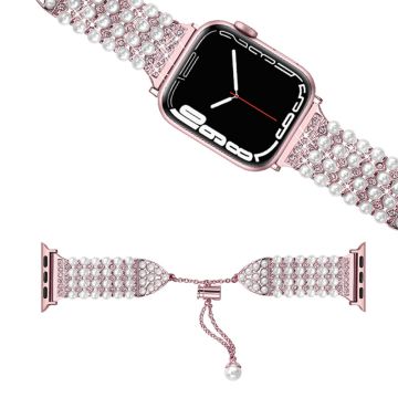 Apple Watch (41 mm) klockarmband med dekor av strass och fuskpärlor - Roséguld