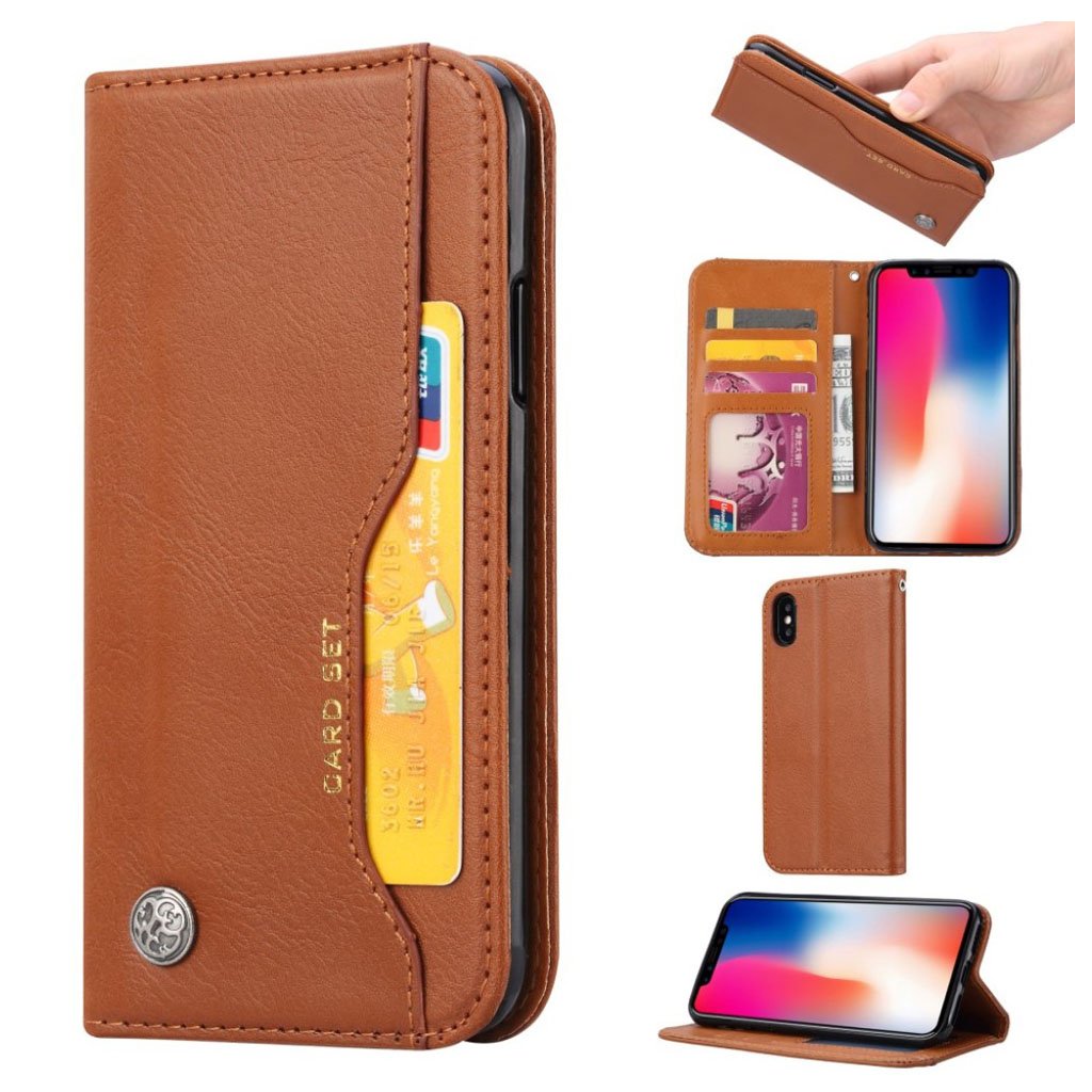iPhone XS Max mobilfodral konstläder silikon plånbok stående - Brun