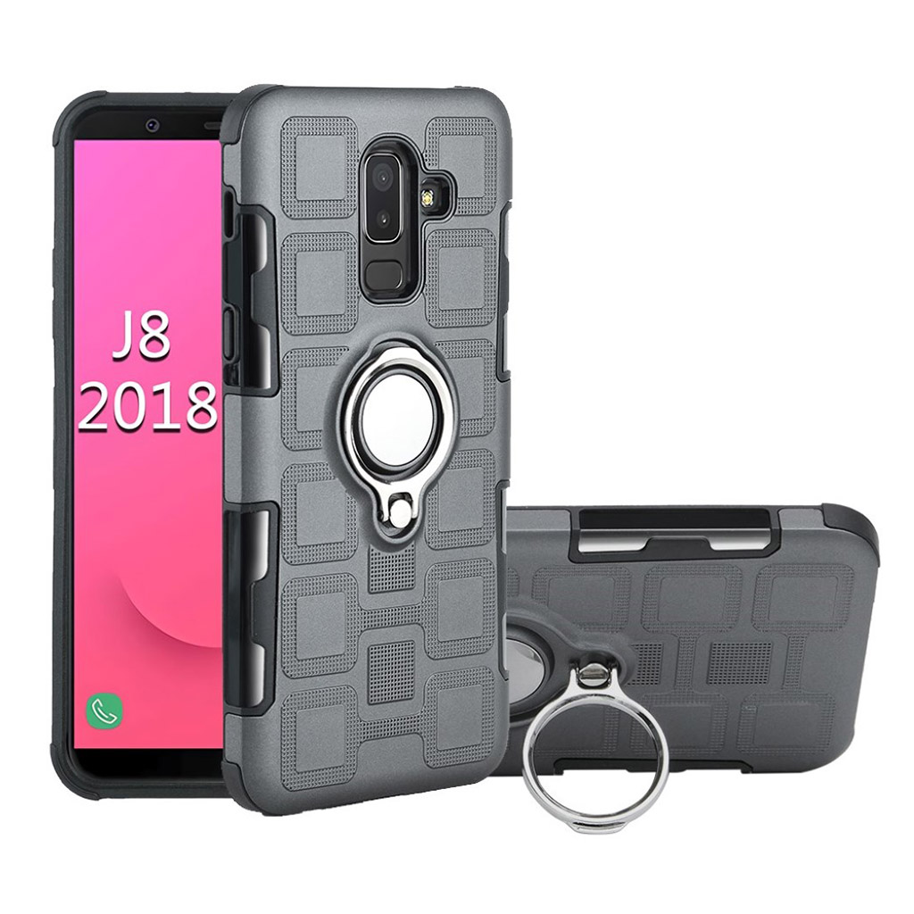 Samsung Galaxy J8 (2018) mobilskal plast silikon ringhållare utfällbart ben magnetiska bilhållare - Grå