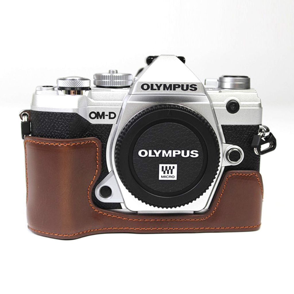 Olympus O-MD E-M5 Mark III hållbart halvfodral i läder - Kaffe